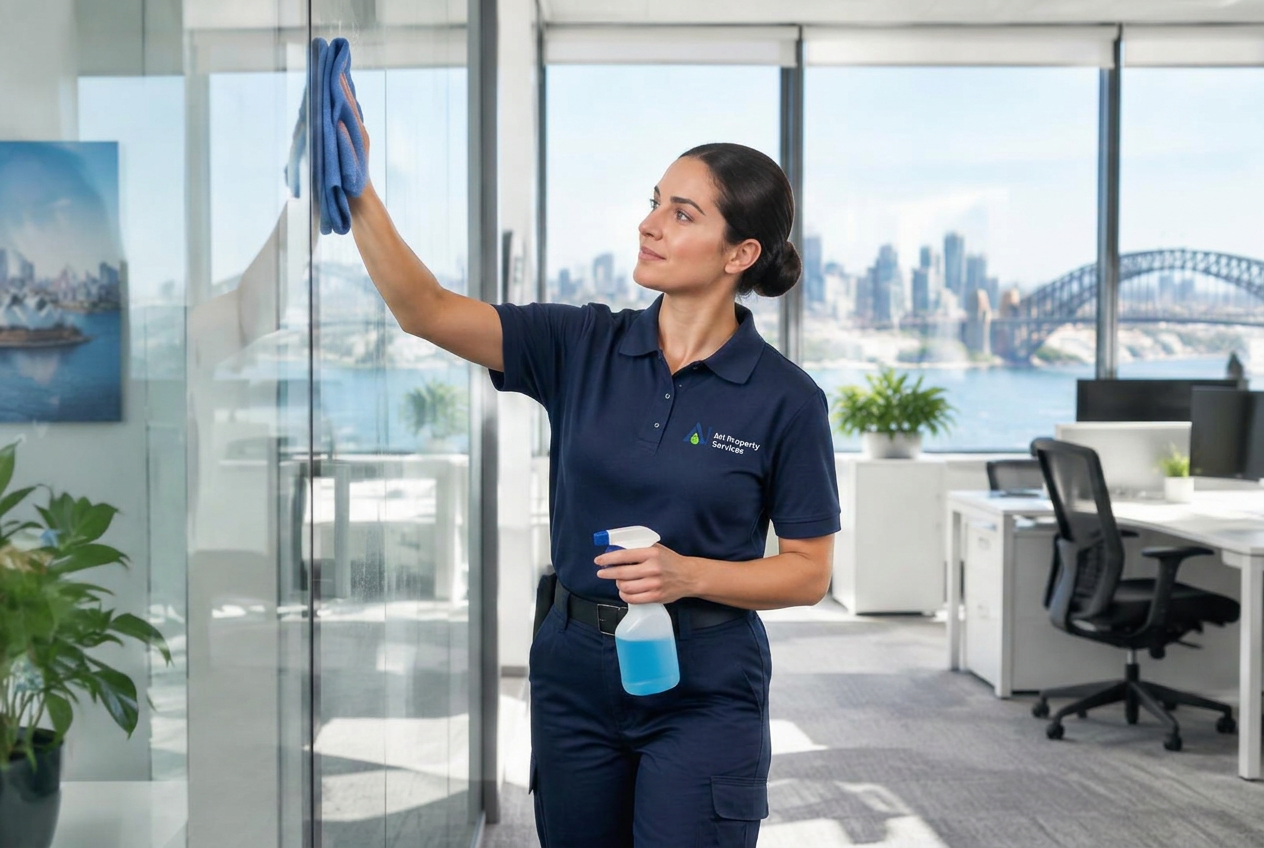AH Property Services cleaner cleaning office glass
